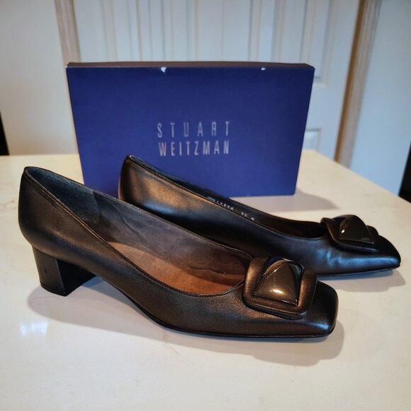 Stuart Weitzman Black Square Toe Pumps - Large Decorative Buckle - Picture 3 of 9